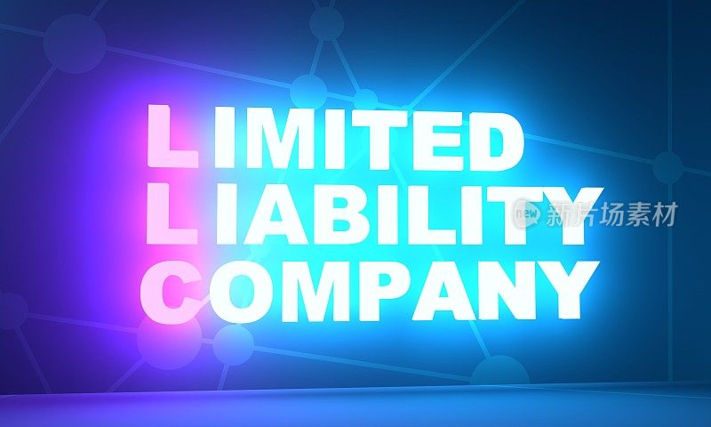 LLC -有限责任公司的首字母缩写。霓虹闪耀的文本。三维渲染